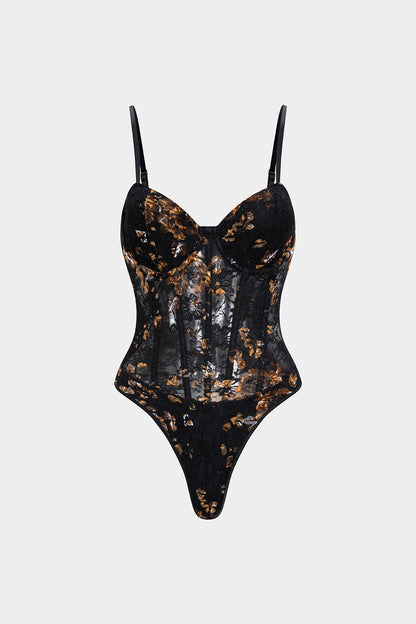 Floral Print Embroidery Bustier Corset Slip Sleeveless Bodysuit
