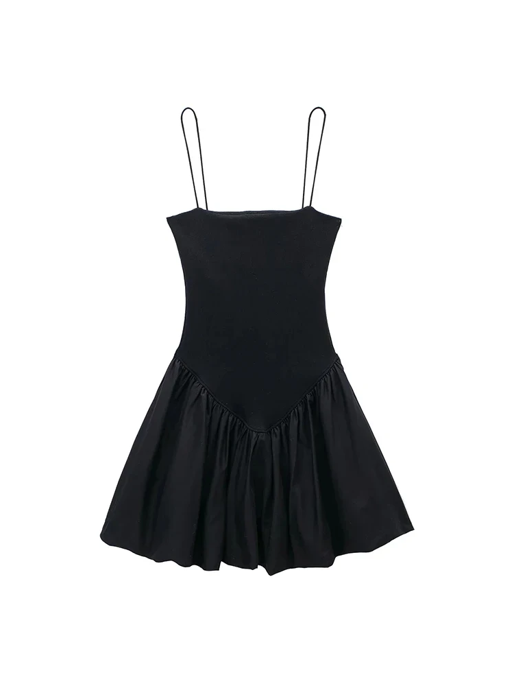 Square Neck Spaghetti Strap Drop Waist Bubble Hem Poplin Mini Dress