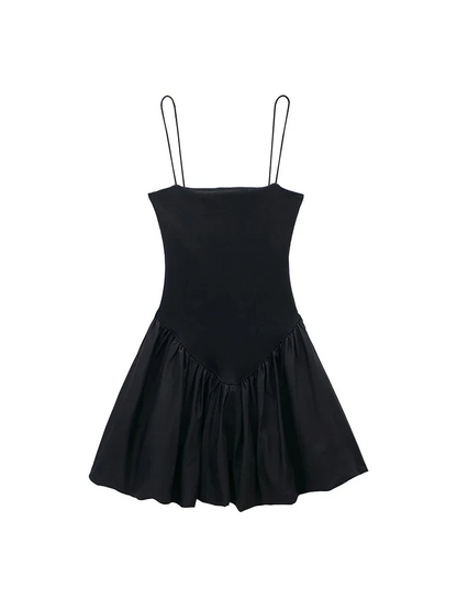Square Neck Spaghetti Strap Drop Waist Bubble Hem Poplin Mini Dress