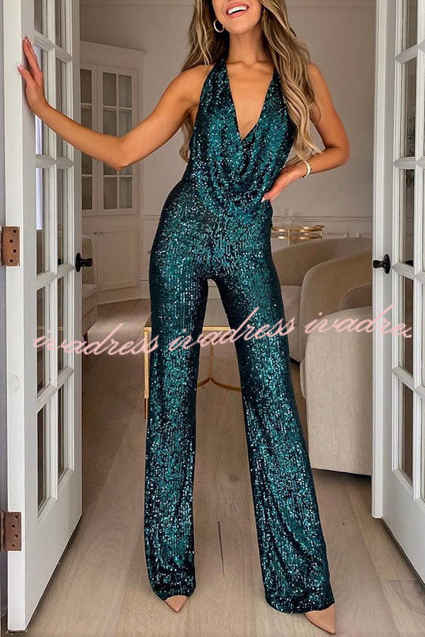 Shimmering Halter Style Drape Neck Wide Leg Jumpsuit