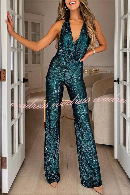 Shimmering Halter Style Drape Neck Wide Leg Jumpsuit