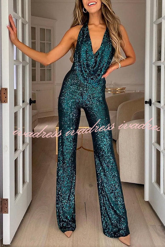 Shimmering Halter Style Drape Neck Wide Leg Jumpsuit