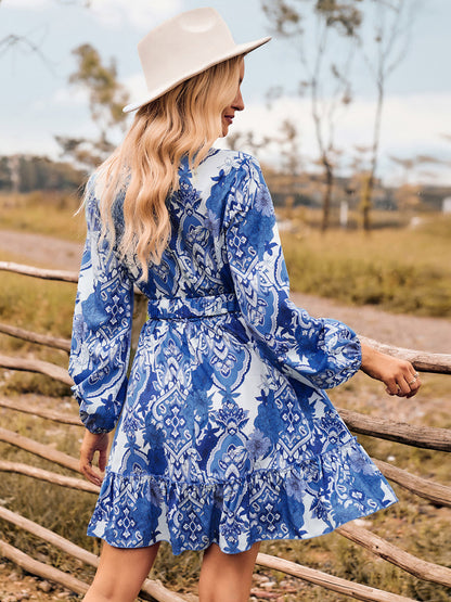 Boho Dress Sash V-Neck Lantern Sleeves Floral Beach Mini Dress