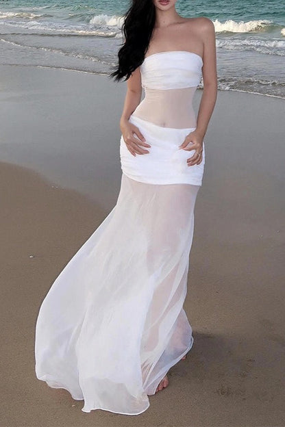 Strapless Ruched Mesh Panel 3D Floral Applique Layered Maxi Dress