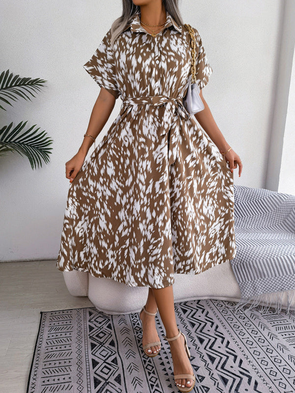 Shirt Dresses Two-Tone Short Sleeves Belted Busniess Casual Midi Dresses