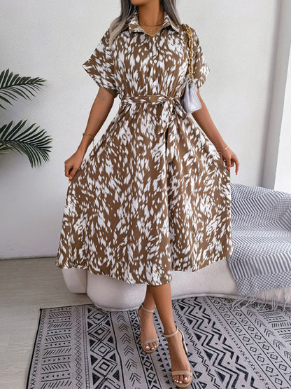 Shirt Dresses Two-Tone Short Sleeves Belted Busniess Casual Midi Dresses