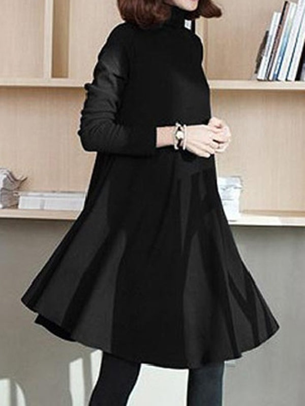 Long Sleeves Loose Solid Color High Neck Midi Dresses