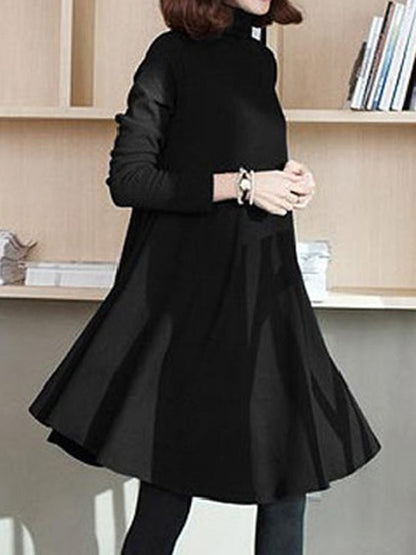 Long Sleeves Loose Solid Color High Neck Midi Dresses