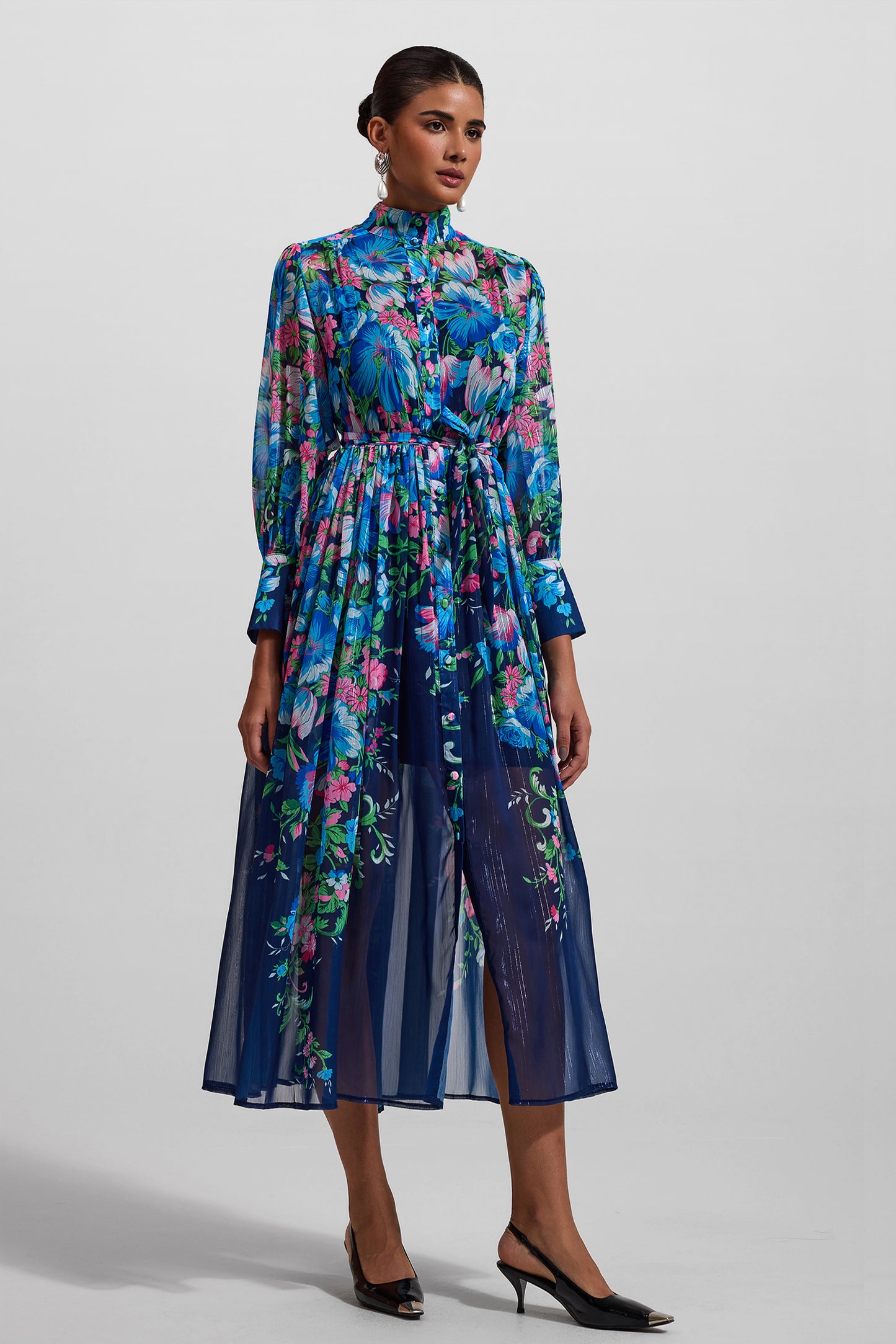 Floral Stand Collar Long Sleeve Midi Dress