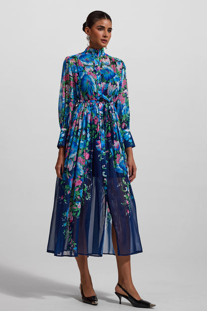 Floral Stand Collar Long Sleeve Midi Dress