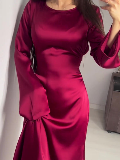 Tossy Elegant Satin High Waist Women Maxi Dress Bell Sleeve Lace Up Slim Banquet Mermaid Bodycon Dresses Throbbing in Autumn