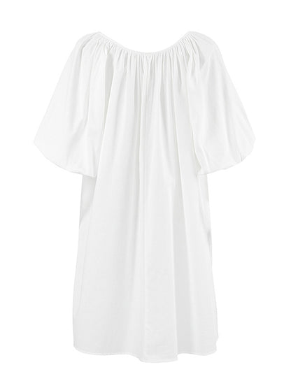 Loose Puff Sleeves Lace-Up Pleated See-Through Solid Color V-Neck Mini Dresses Sleep Dress