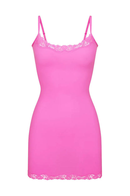 Scoop Neck Lace Trim Spaghetti Strap Bodycon Slip Mini Dress