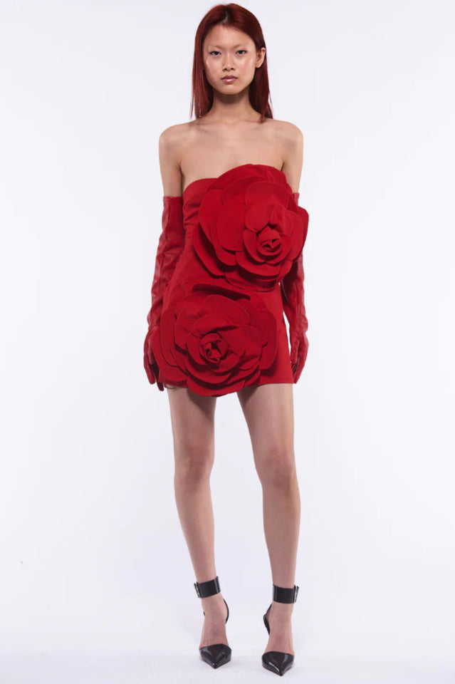 Strapless Oversized 3D Floral Applique Bodycon Mini Dress