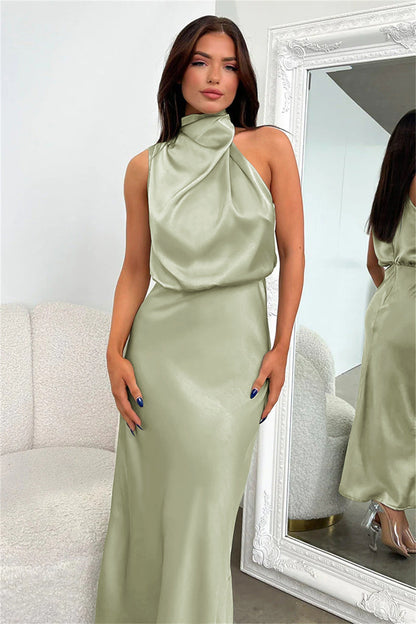 Satin High Neck Keyhole Back Sleeveless Bias-Cut A-Line Maxi Dress
