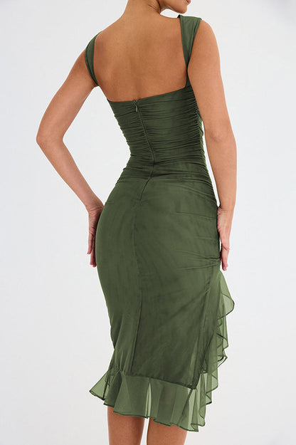 Crew Neck Ruched Mesh Bodycon Asymmetric Ruffle Hem Side Slit Midi Dress