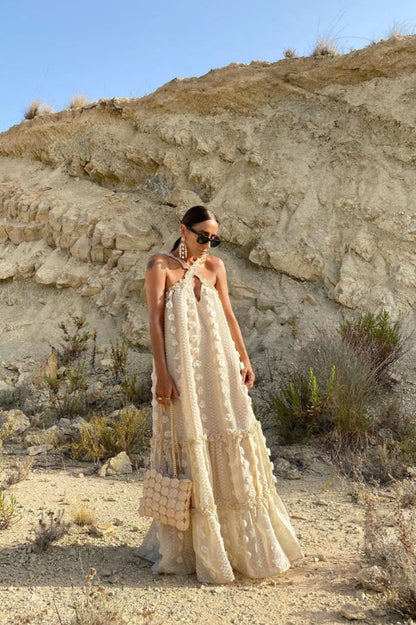 3D Floral Applique Halter Crisscross Tiered Maxi Dress