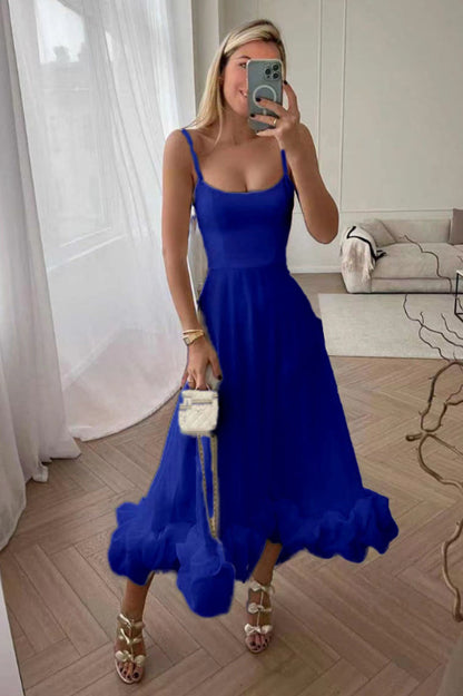 Corset Bustier Scoop Neck Spaghetti Strap Flounce Hem Midi Dress