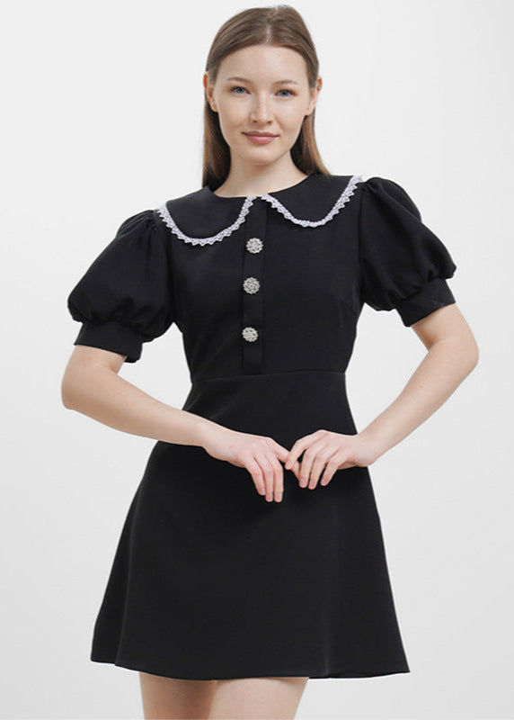 Peter Pan Collar Lace Trim Pearl Button Puff Sleeve Mini Dress