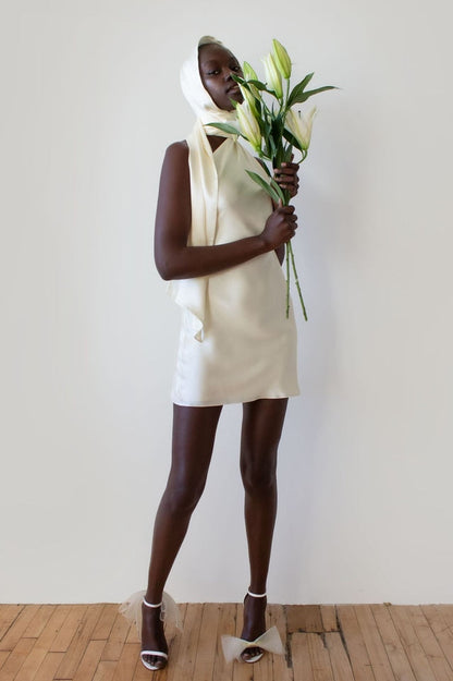 Halter Cowl Back Cross Strap Satin Mini Dress