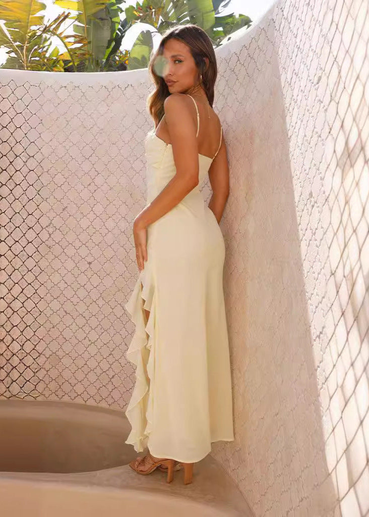 Spaghetti Strap Twist Front Bust Ruffle Trim High Side Slit Maxi Dress