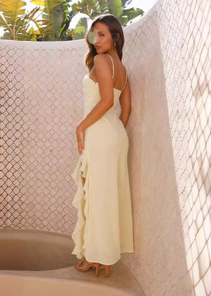 Spaghetti Strap Twist Front Bust Ruffle Trim High Side Slit Maxi Dress