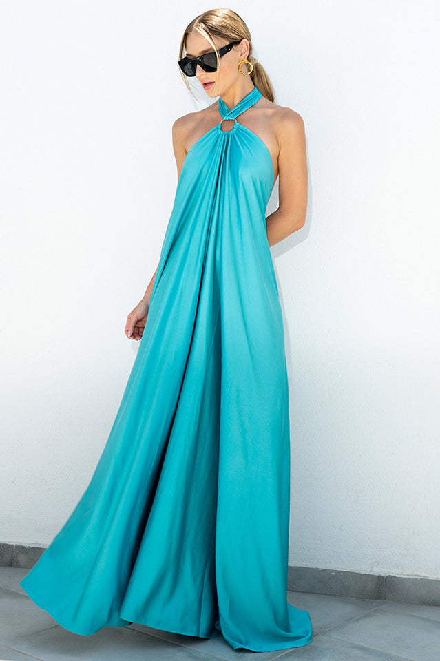 Halter Neck Metal Ring Gathered Pleat A-Line Maxi Dress