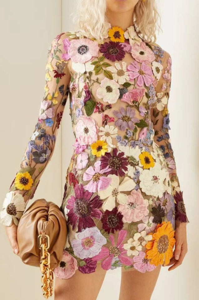 Mock Neck Long Sleeve 3D Floral Applique Mesh Overlay Bodycon Mini Dress
