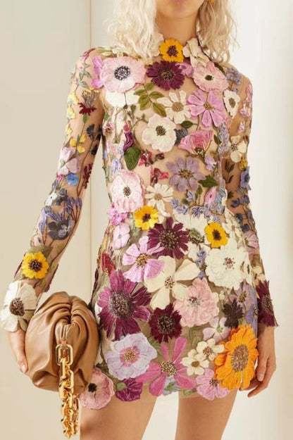 Mock Neck Long Sleeve 3D Floral Applique Mesh Overlay Bodycon Mini Dress