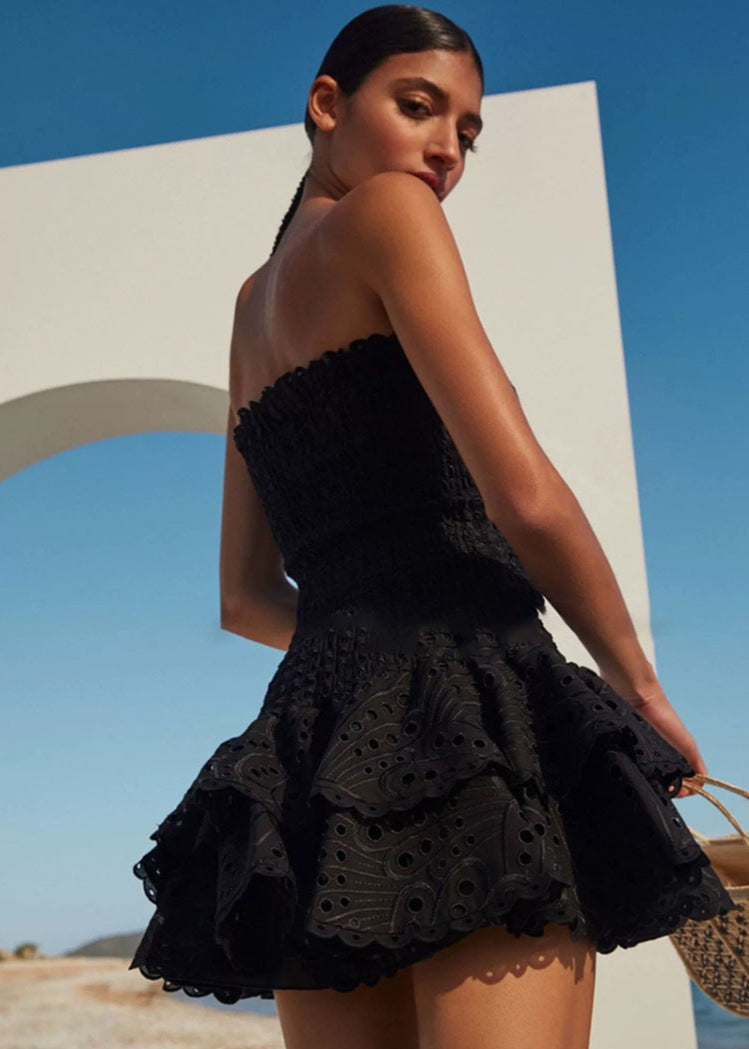 Strapless Smocked Geometric Print Tiered Ruffle Mini Dress