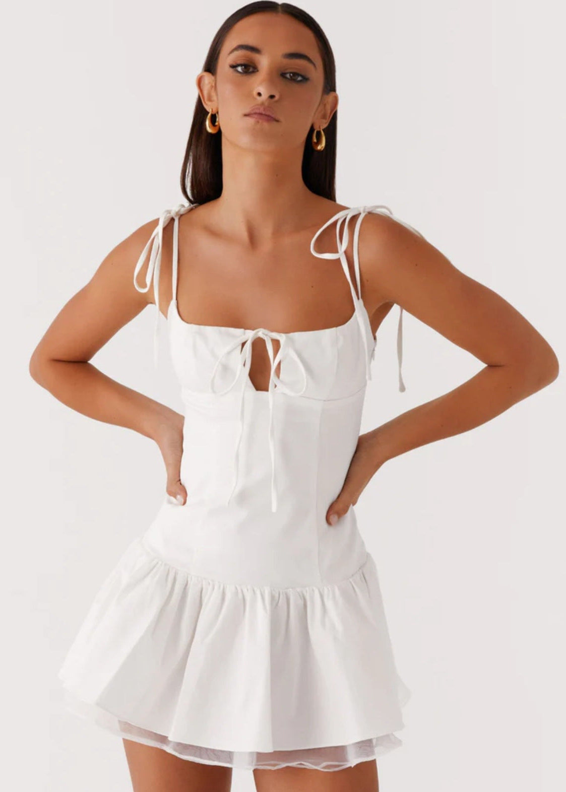 Square Neck Tie Shoulder Keyhole Ruffle Tiered Hem Mini Dress