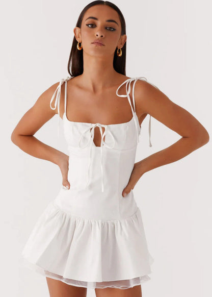 Square Neck Tie Shoulder Keyhole Ruffle Tiered Hem Mini Dress