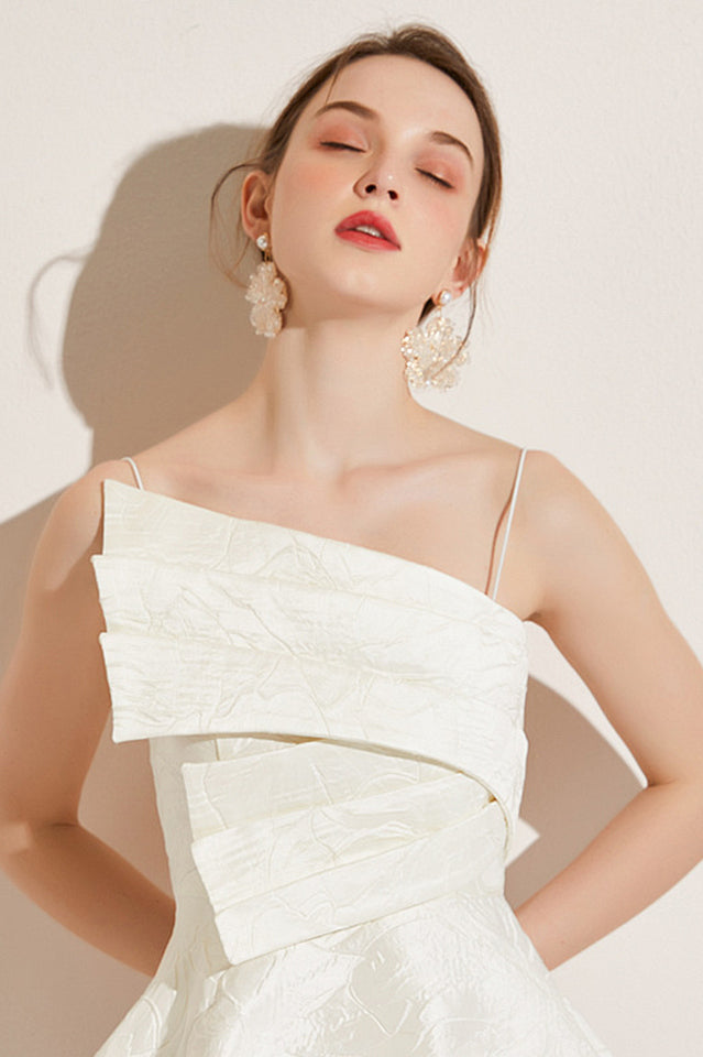 Jacquard Brocade Asymmetrical Pleated Overlay Spaghetti Strap Mini Dress