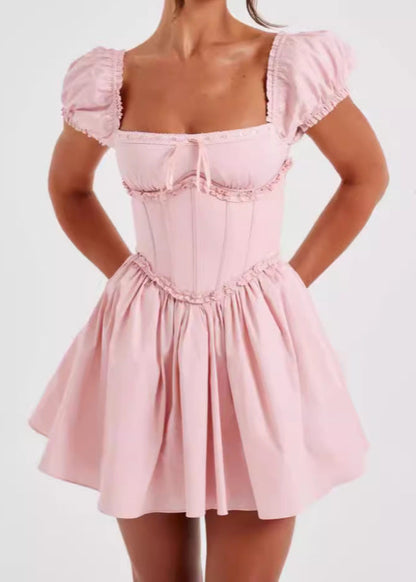 Off Shoulder Puff Sleeve Corset Boned Bodice Ruffle Trim Fit and Flare Mini Dress