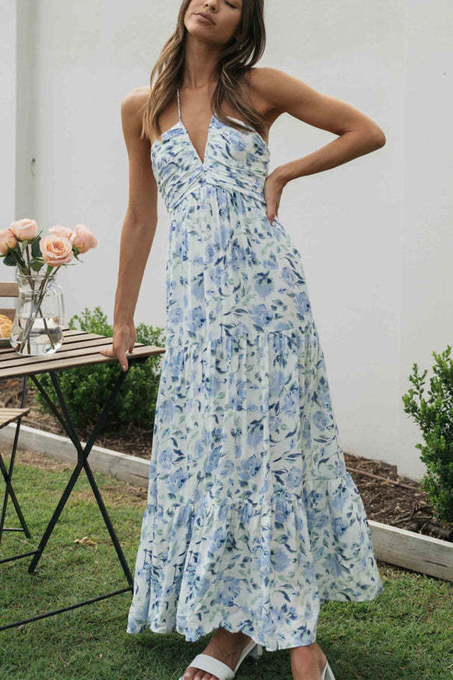 Halter V-Neck Ruched Empire Waist Tiered Floral Print Maxi Dress
