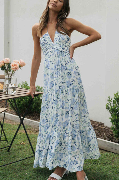 Halter V-Neck Ruched Empire Waist Tiered Floral Print Maxi Dress
