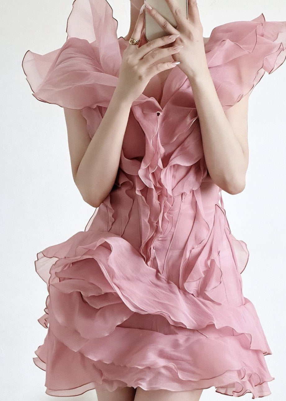 Deep V Neck Tiered Organza Ruffle Overlay Fit and Flare Mini Dress