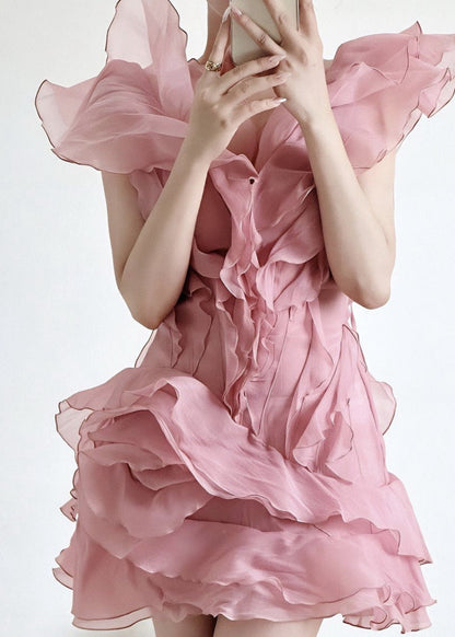 Deep V Neck Tiered Organza Ruffle Overlay Fit and Flare Mini Dress