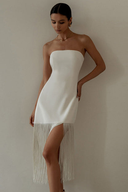 Strapless Side Slit Fringe Trim Bandeau Mini Dress