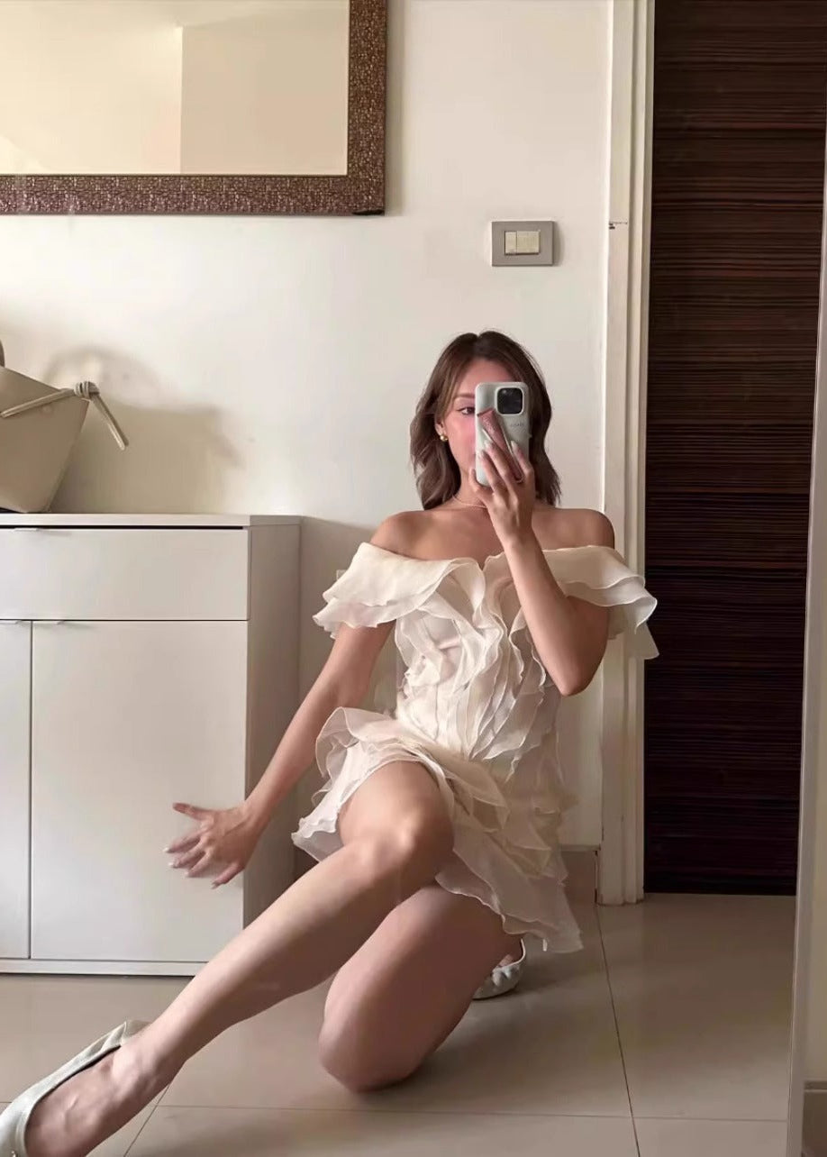 Deep V Neck Tiered Organza Ruffle Overlay Fit and Flare Mini Dress