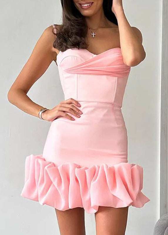 Sweetheart Neck Corset Draped Crossover Bust Ruffle Hem Bodycon Mini Dress