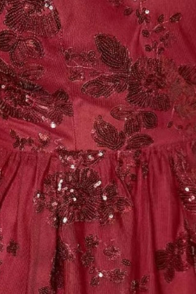 Floral Sequin Embroidered V-Neck Spaghetti Strap Fit and Flare Mini Dress