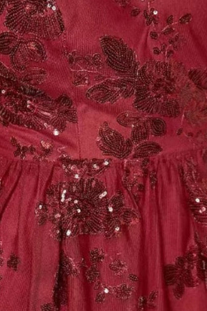 Floral Sequin Embroidered V-Neck Spaghetti Strap Fit and Flare Mini Dress