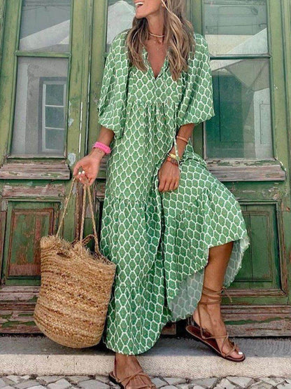 Deep V Neck Puff Sleeve Tiered Honeycomb Lattice Print Maxi Dress