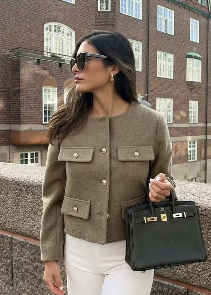 TailoRed Tweed Cropped Jacket â_?Classic Elegance with Gold Button Accents