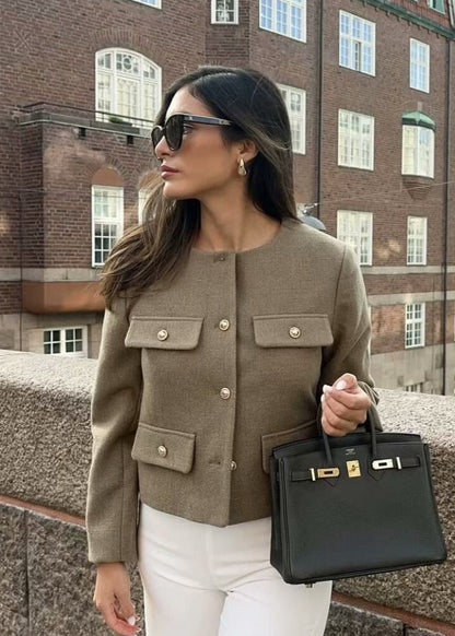 TailoRed Tweed Cropped Jacket â_?Classic Elegance with Gold Button Accents