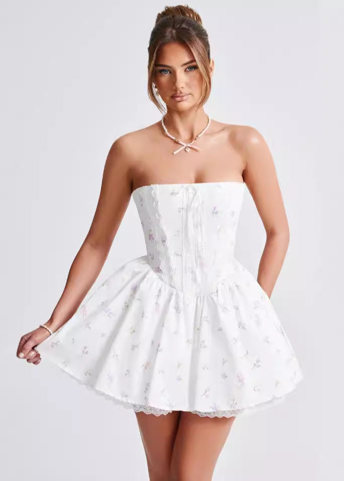 Strapless Corset Lace Trim Ditsy Floral Fit and Flare Mini Dress