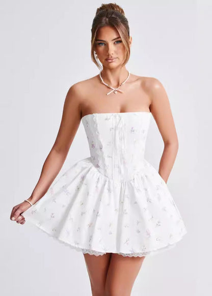 Strapless Corset Lace Trim Ditsy Floral Fit and Flare Mini Dress