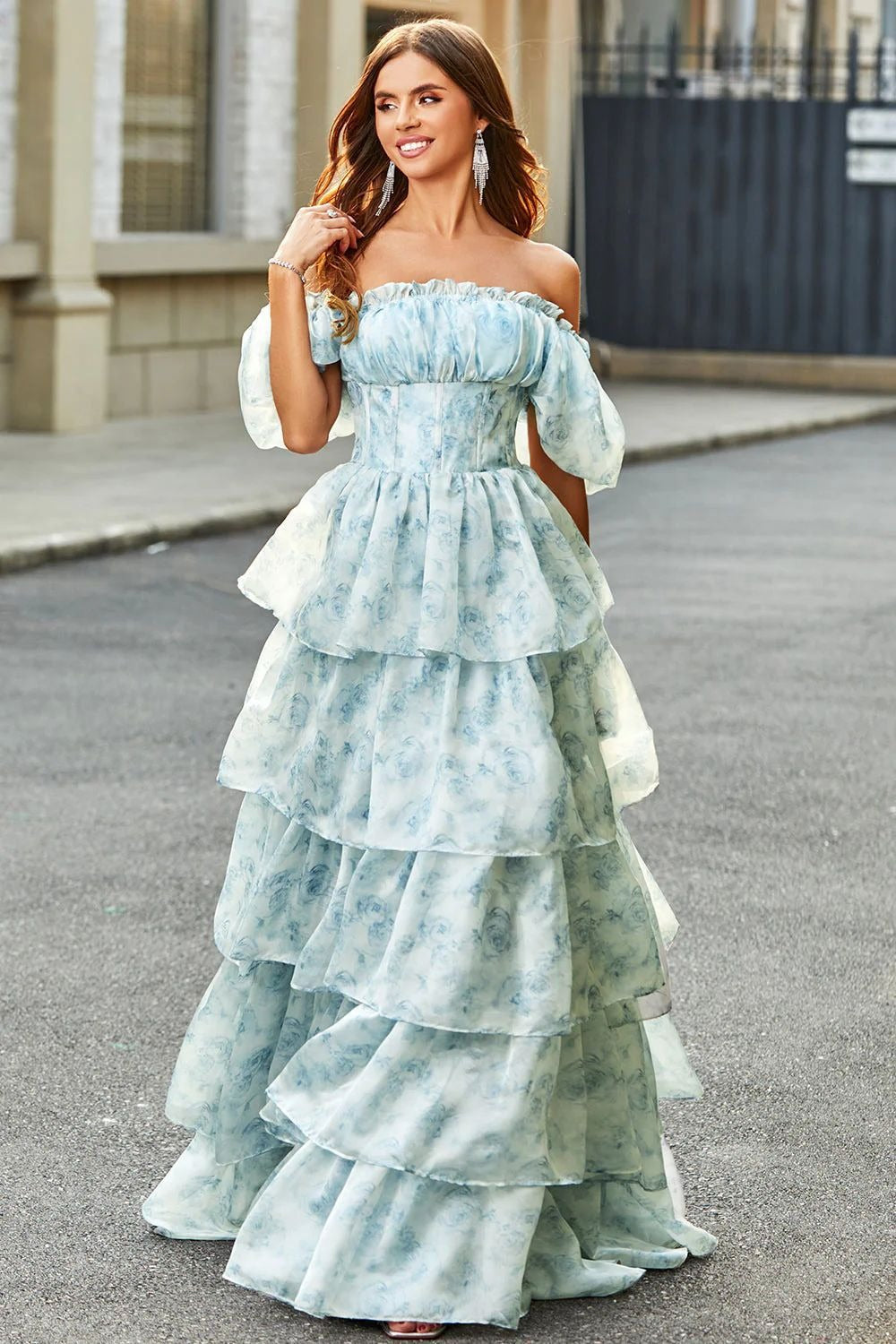 Off Shoulder Corset Bodice Puff Sleeve Tiered Floral Print Maxi Dress
