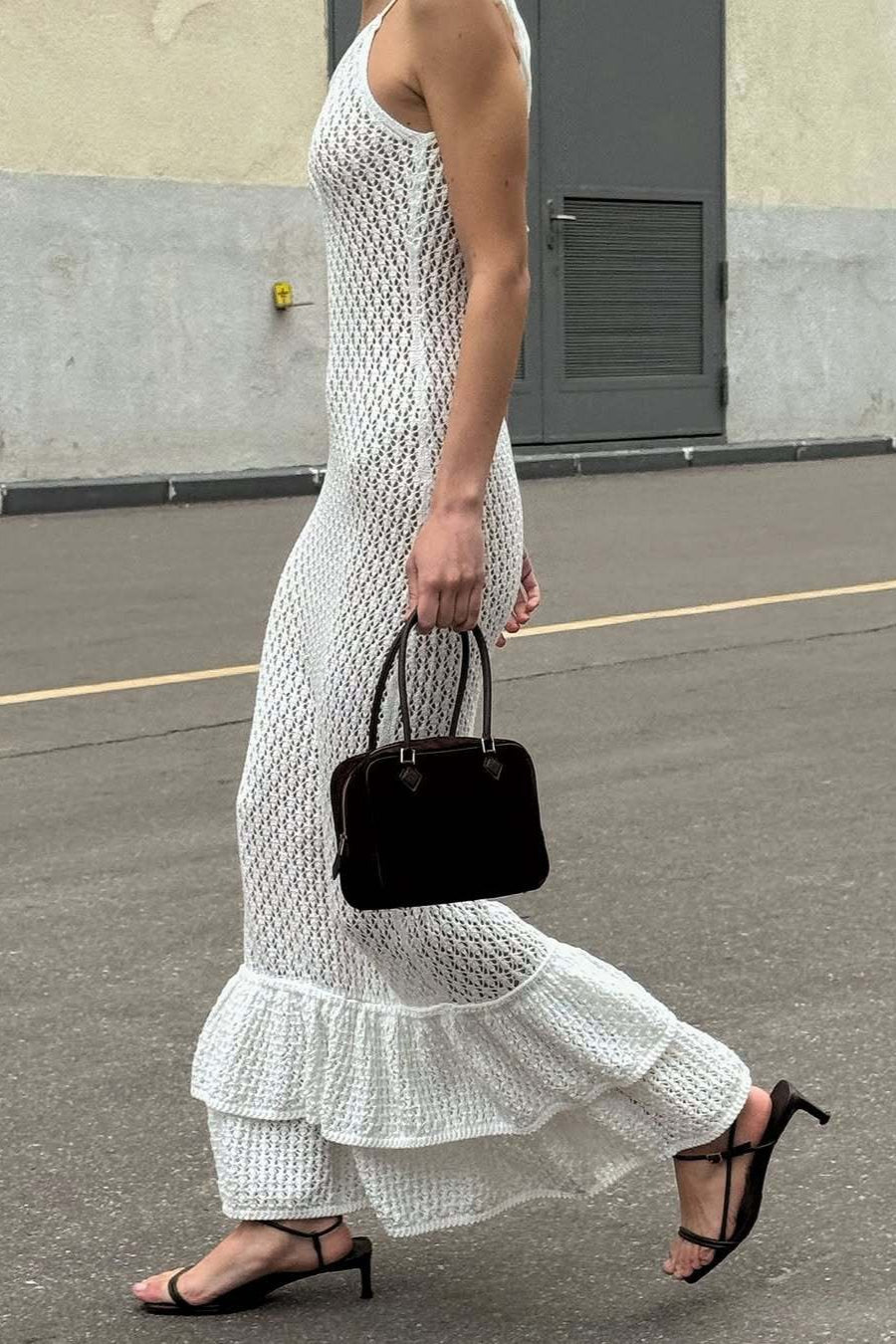 | Ruffle Knit Cutout Sheer Cami Maxi Dress